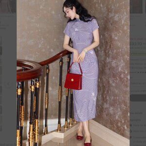 Gorgeous Qipao Dress from Hong Kong! Geometric Floral Pattern Butterflies SMALL